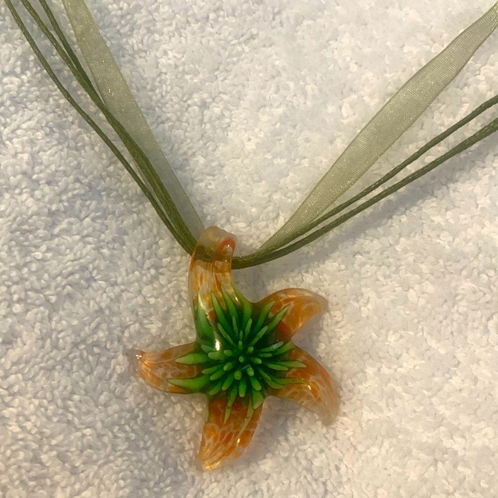 Unique Glass Starfish Necklace with beautiful ribbon & rope